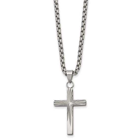 Stainless Steel Polsihed Cross Sunburst Pendant and Chain Set 24