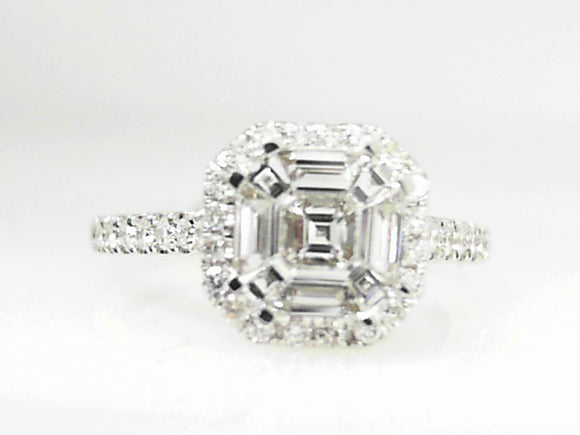 White Gold Composite Asscher Cut Diamond Ring with Halo and 1 CTW