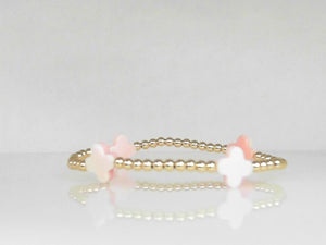 Gold Filled 3mm Beaded Stretch Bracelet with Coral Shell Clover Beads