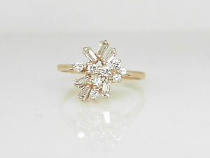 Yellow Gold Round and Baguette Diamond Cluster Ring