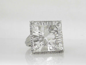 White Gold Quartz Ring with Diamond Halo