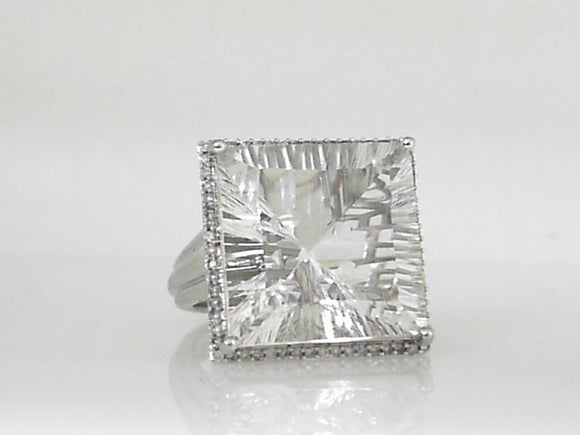 White Gold Quartz Ring with Diamond Halo