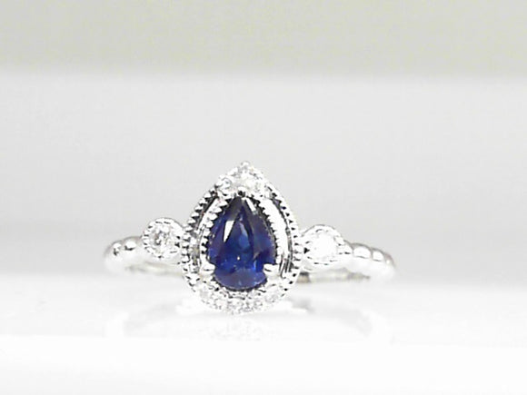 14k White Gold Sapphire (0.45ct) and Diamond Pear Shape Beaded Ring