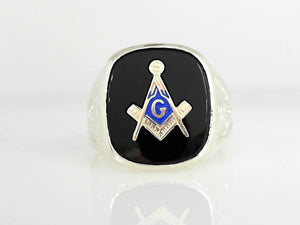 Men's Sterling Silver Black Onyx Masonic Ring Size 10