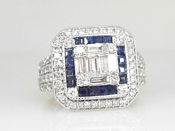 White Gold Diamond Square Composite Ring with Sapphires