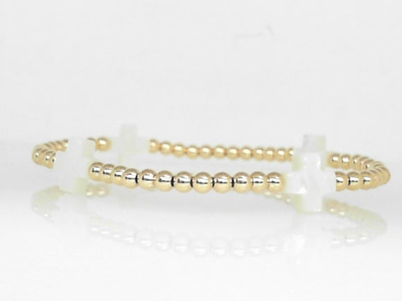 Gold Filled 3mm Beaded Stretch Bracelet with Mother of Pearl Cross Beads