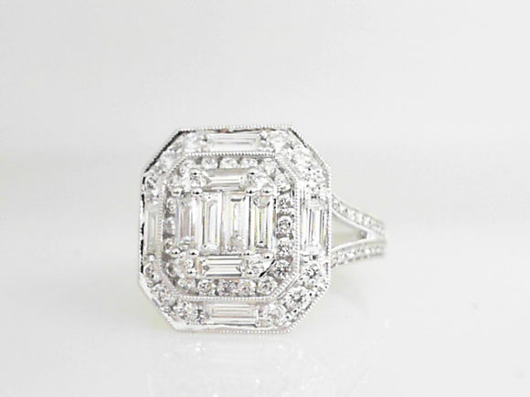 White Gold Emerald Cut Composite Ring with Split Shank and Double Octagonal Halo