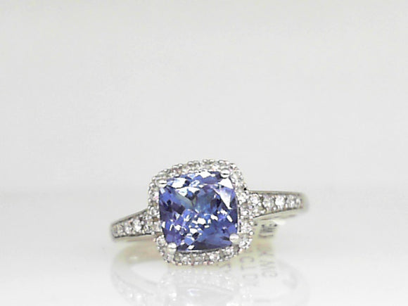 White Gold Cushion Cut Tanzanite ring with Diamond Halo