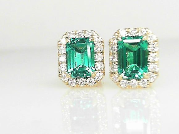 Yellow Gold Lab Grown Emerald and Diamond Studs