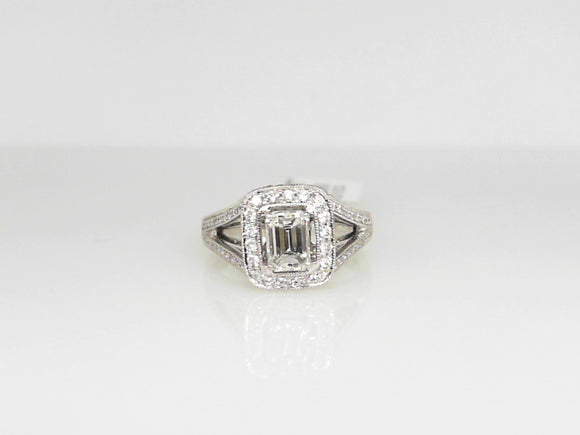 White Gold Emerald Cut Engagement Ring with Diamond Halo and Split Diamond Shanks