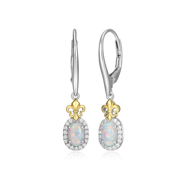 Charles Garnier Sterling Silver Opal Drop Earrings with Gold Plated Fleur de Lis detail