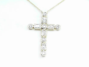 Yellow Gold Baguette and Round Diamond Slider Cross Necklace
