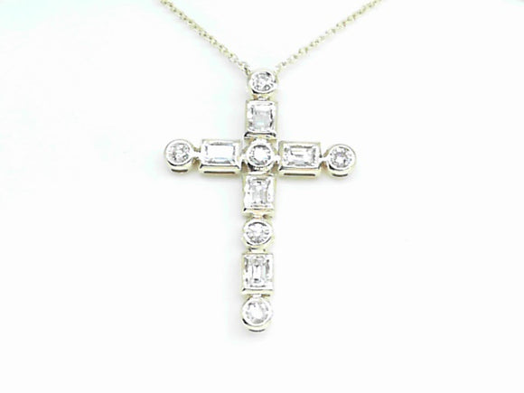 Yellow Gold Baguette and Round Diamond Slider Cross Necklace