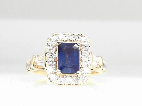 14k Yellow Gold Sapphire (1.09ct) and Diamond with Baguettes Halo Ring
