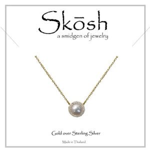 Skosh Gold Plated Silver Pearl w/ CZ Halo Necklace 16+1"