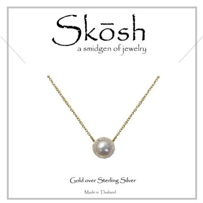 Skosh Gold Plated Silver Pearl w/ CZ Halo Necklace 16+1