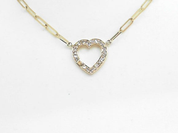 14k Yellow Gold Diamond Heart Pendant with Paperclip Chain