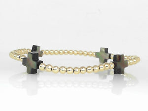 Gold Filled 3mm Beaded Stretch Bracelet with Black Mother of Pearl Cross Beads