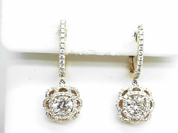 Yellow Gold Diamond Flower Shaped Leverback Earrings