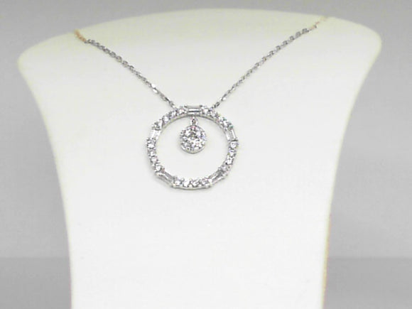 White Gold Open Circle Round and Baguette Diamonds Pendant with Dangling Diamond Cluster with .39 CT Diamonds