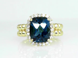Raymond Mazza 14K Green Gold Ring w/ London Blue Topaz & .24 CT Diamond Halo #17464