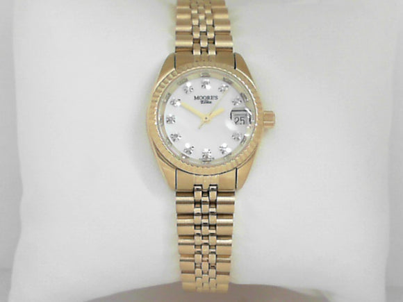 Ladies' Moore's Elite Gold Watch with Mother of Pearl and Diamond Dial