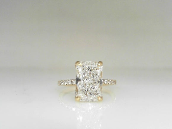 Yellow Gold Lab Grown Radiant Diamond Solitaire with Diamond Shanks and Hidden halo