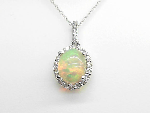 White Gold Oval Opal Necklace with a Diamond Halo and Bail
