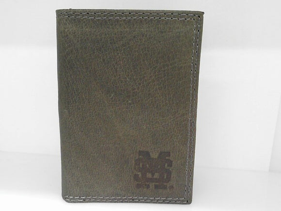 Grey Leather M over S Embossed Trifold Wallet