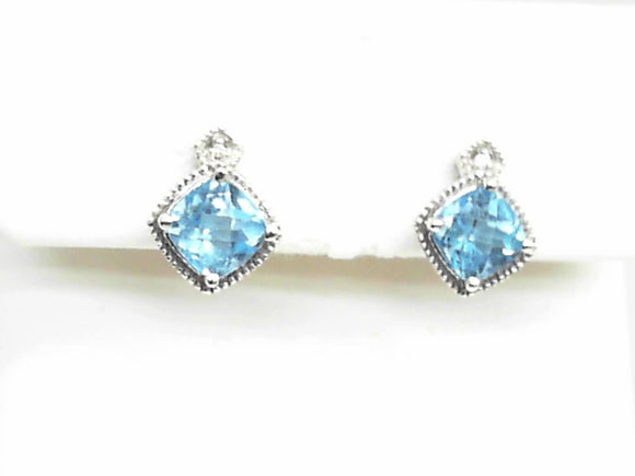 White Gold Cushion Cut Blue Topaz and Diamond Stud Earrings