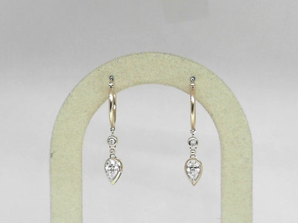 Yellow Gold Pear Shaped Bezel Set Diamond Dangle Hoops