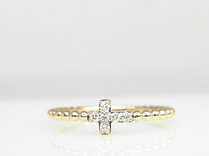 14k Yellow Gold Diamond Cross Ring with Beaded Band