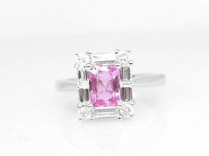 White Gold Rectangle Pink Sapphire with Diamond Halo