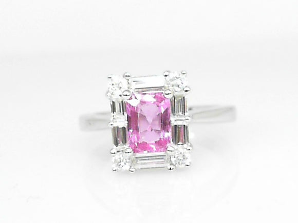 White Gold Rectangle Pink Sapphire with Diamond Halo