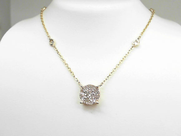 Yellow Gold Diamond Cluster Pendant Necklace on Station Diamond Chain