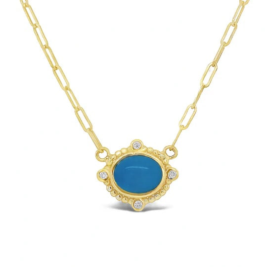 Raymond Mazza 14K Green Gold Necklace w/ Turquoise & .08 CT Diamond #17466