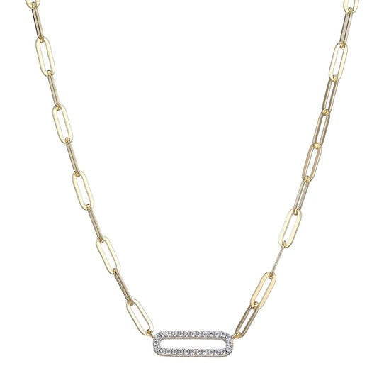 Sterling Silver Gold Plated Paperclip Necklace W/ CZ Center Link 17+2