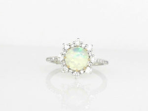 White Gold Opal and Diamond Ring with Yellow Gold Prongs