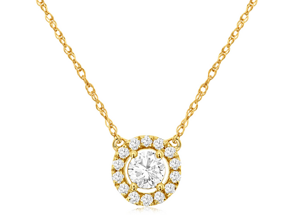 14k Yellow Gold Diamond (0.33ct) Solitaire with Halo Pendant with Chain