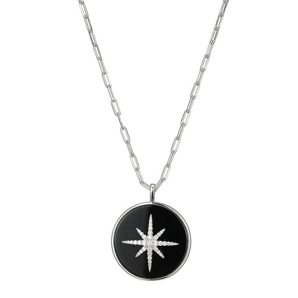 Sterling Silver Rhodium Plated Black Agate Starburst Necklace 17+2