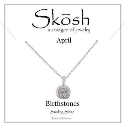 Skosh Silver April Birthstone w/ CZ Halo Necklace 16+2