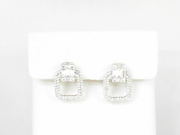 White Gold Double Square Diamond Earrings with Emerald Cut Composite Bail Posts