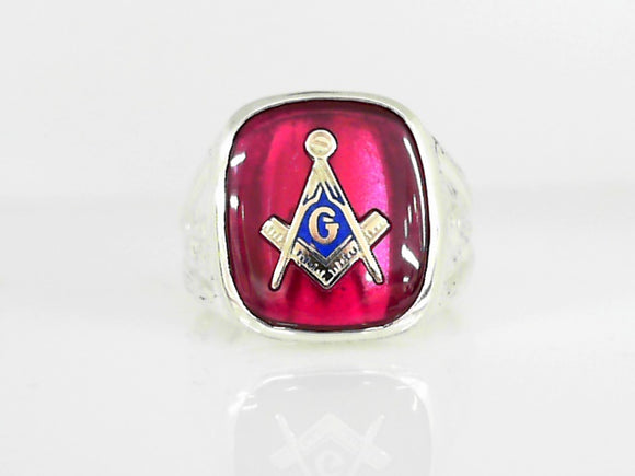 Men's Sterling Silver Red Masonic Ring Size 10