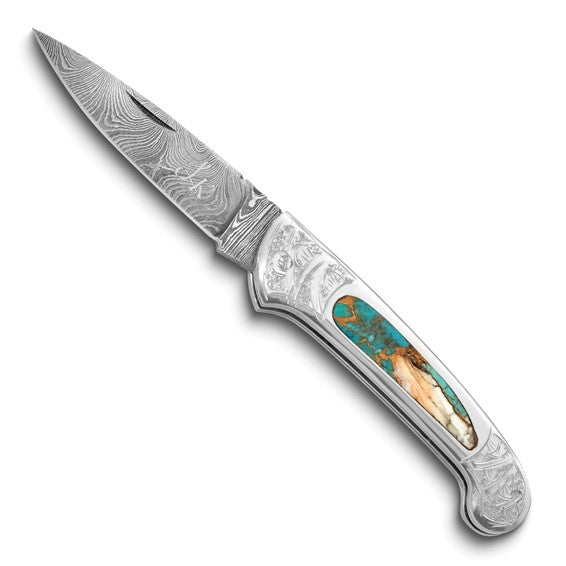 Damascus Steel 256 Layer Folding Spiny Oyster/Turqoise/Bronze Knife