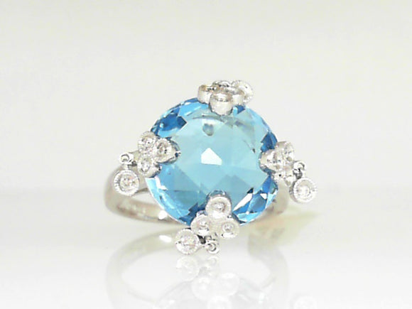 White Gold Blue Topaz Ring with Dangling Diamonds