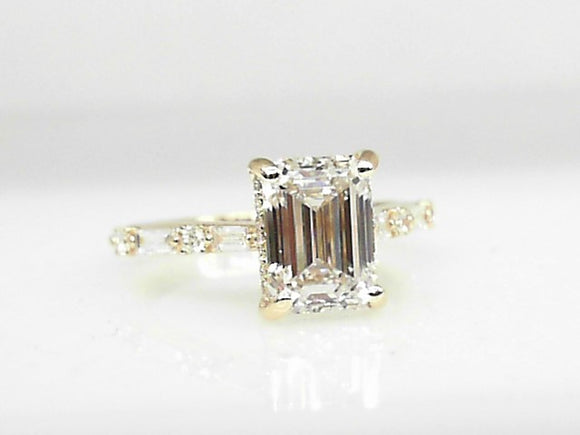 14kYellow Gold Lab Emerald Cut Diamond 2.05ct with Baguette and Round Band 0.42ct Engagement Ring