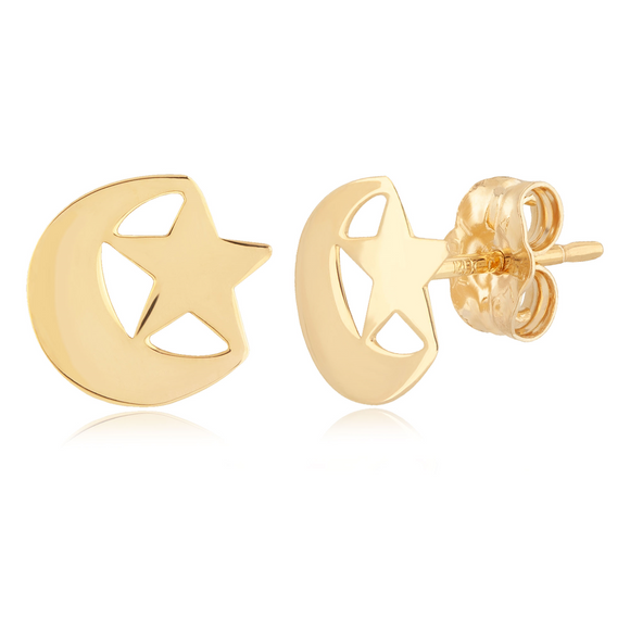 Yellow Gold Half Moon and Star Stud Earrings