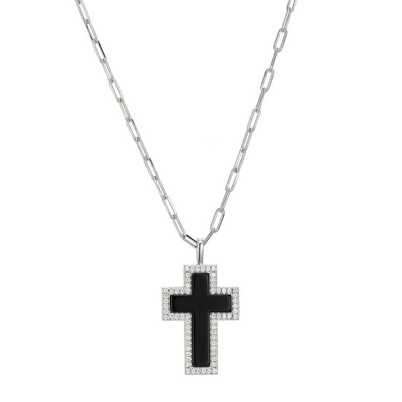 Charles Garnier Sterling Silver Black Agate and CZ Cross Necklace