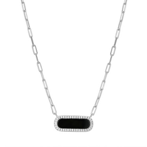 Sterling Silver Rhodium Oblong Black Agate w/ CZ Halo Necklace 17+2"