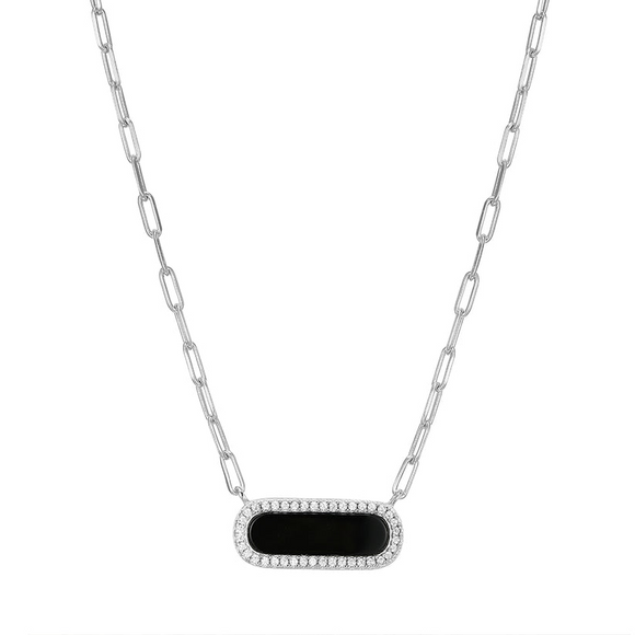 Sterling Silver Rhodium Oblong Black Agate w/ CZ Halo Necklace 17+2